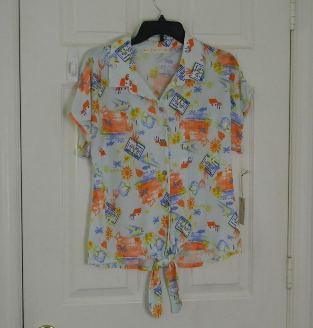 Fair Haven Womens Short Sleeve Top Button-Up Tie Front Floral Tropical Sz M NWT